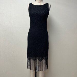 EUC Vintage Y2K Macrame Crochet Fringe Black Pencil Tank Dress Size Medium